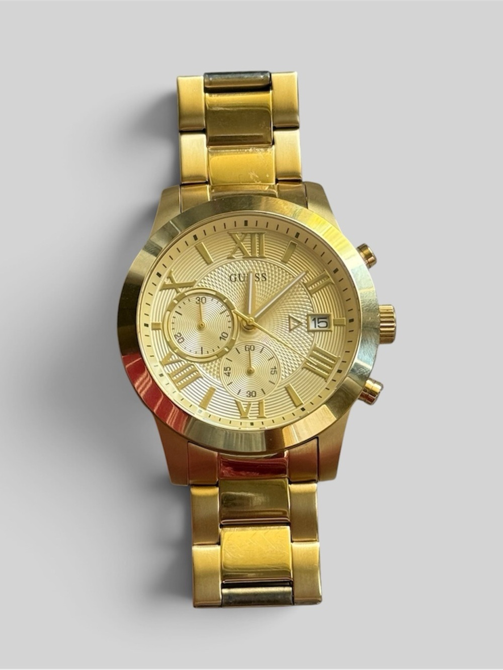 GUESS Mens Gold Chronograph Watch U0668G4 Atlas Textured Roman Numeral 17.5cm